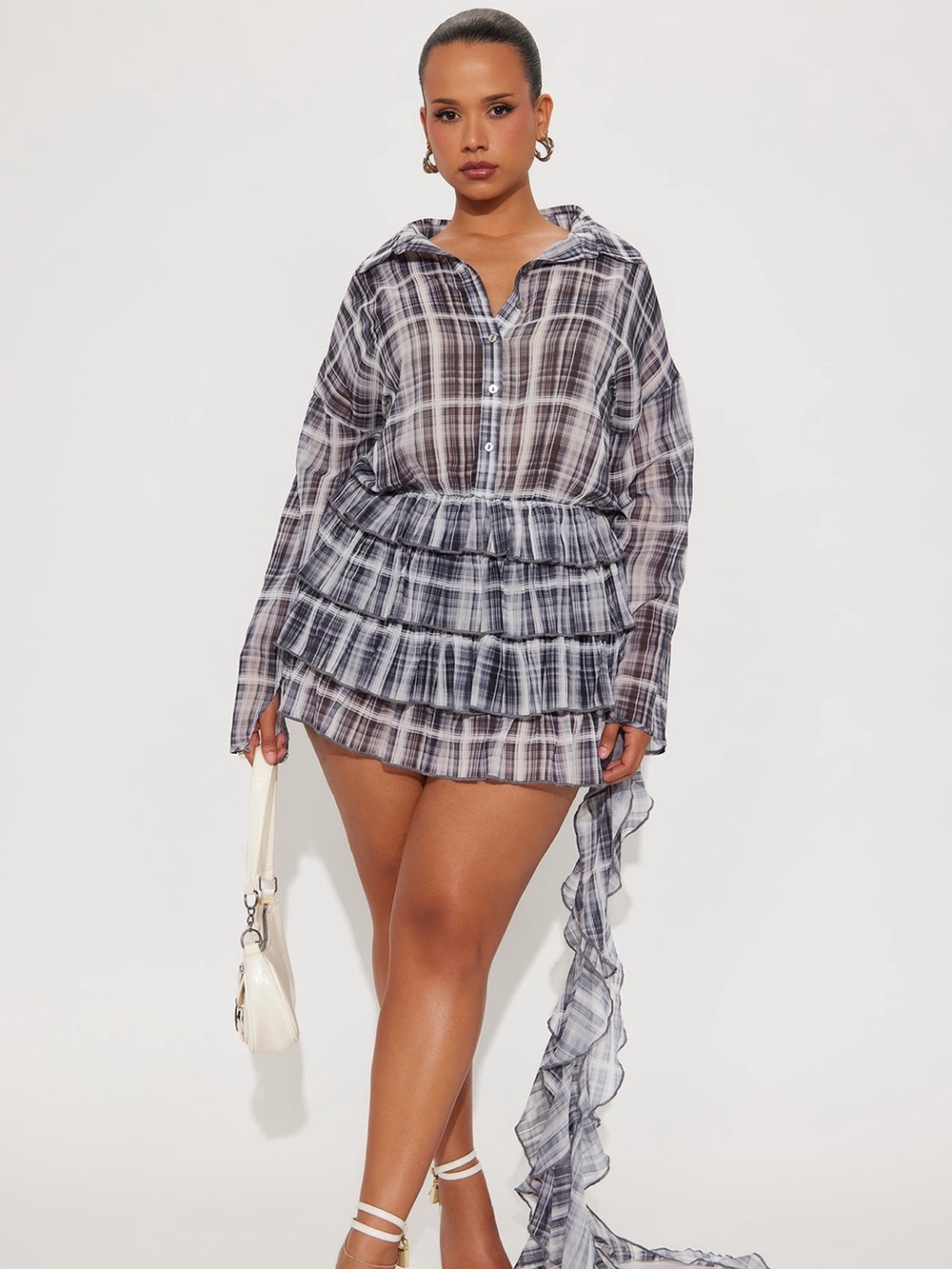 Fashion nova Plaid Ruffle Swim Cover-Up Tunic in Black and White